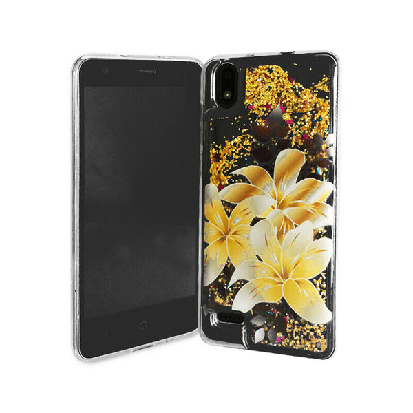 For ZTE Blade T2 Lite Z559DL Liquid Glitter Motion Case Phone Cover - Yellow Flower